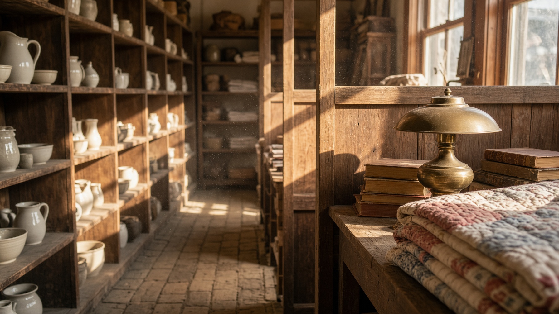 A sunlit antique co-op aisle with ceramics, books, and a brass lamp